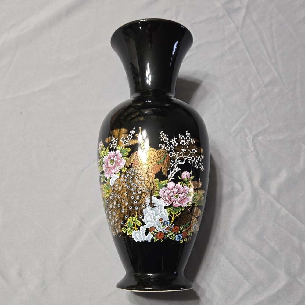 Black Vase with Gold and Pink Floral Design